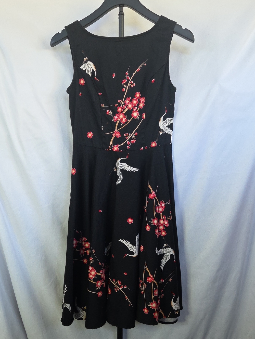 Black Midi Dress with Red Blossom & White Crane Print